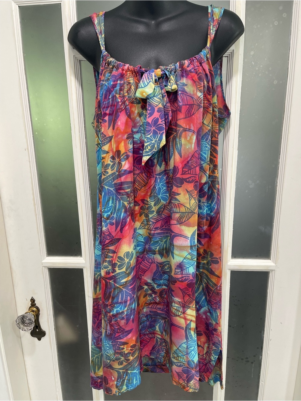 Bright Multicolor Tropical Mini Dress with Tie Neck